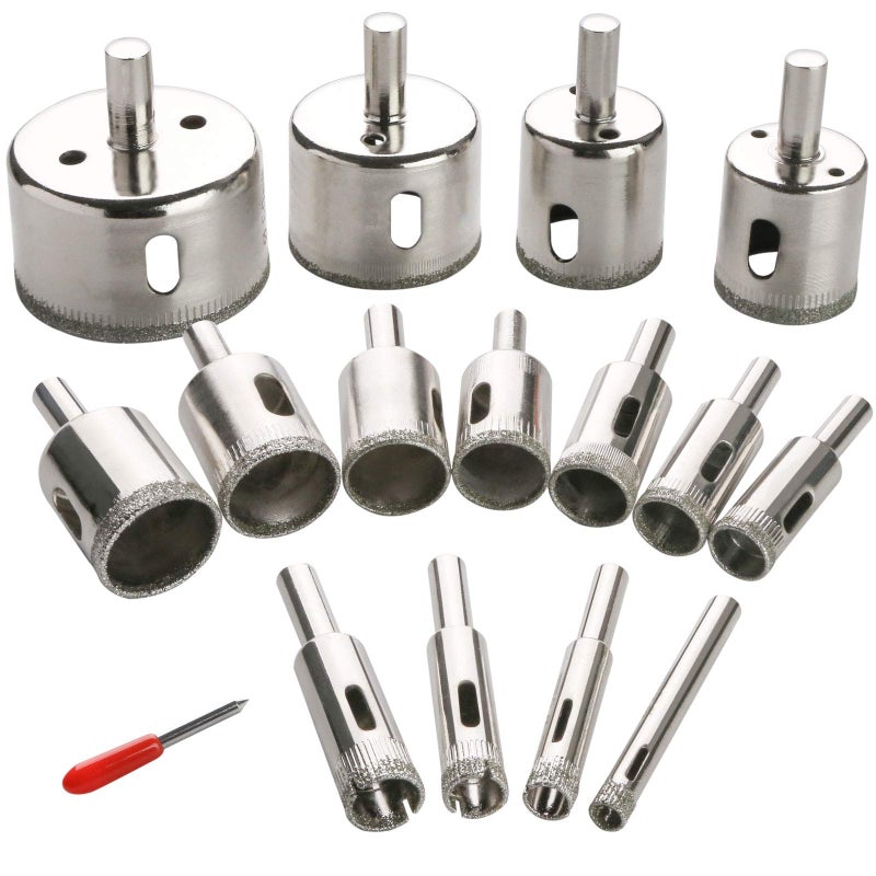 3 otters 15Piece Diamond Hole Saw Kit, (6mm-50mm / 1/4"-2") Glass & Tile Drill Bits, Ideal for Glass, Bottles, Pots, Marble, Granite Stone - Image 1